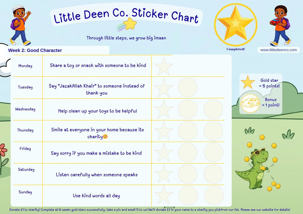 Sticker chart for children with character building activities and a dinosaur illustration.