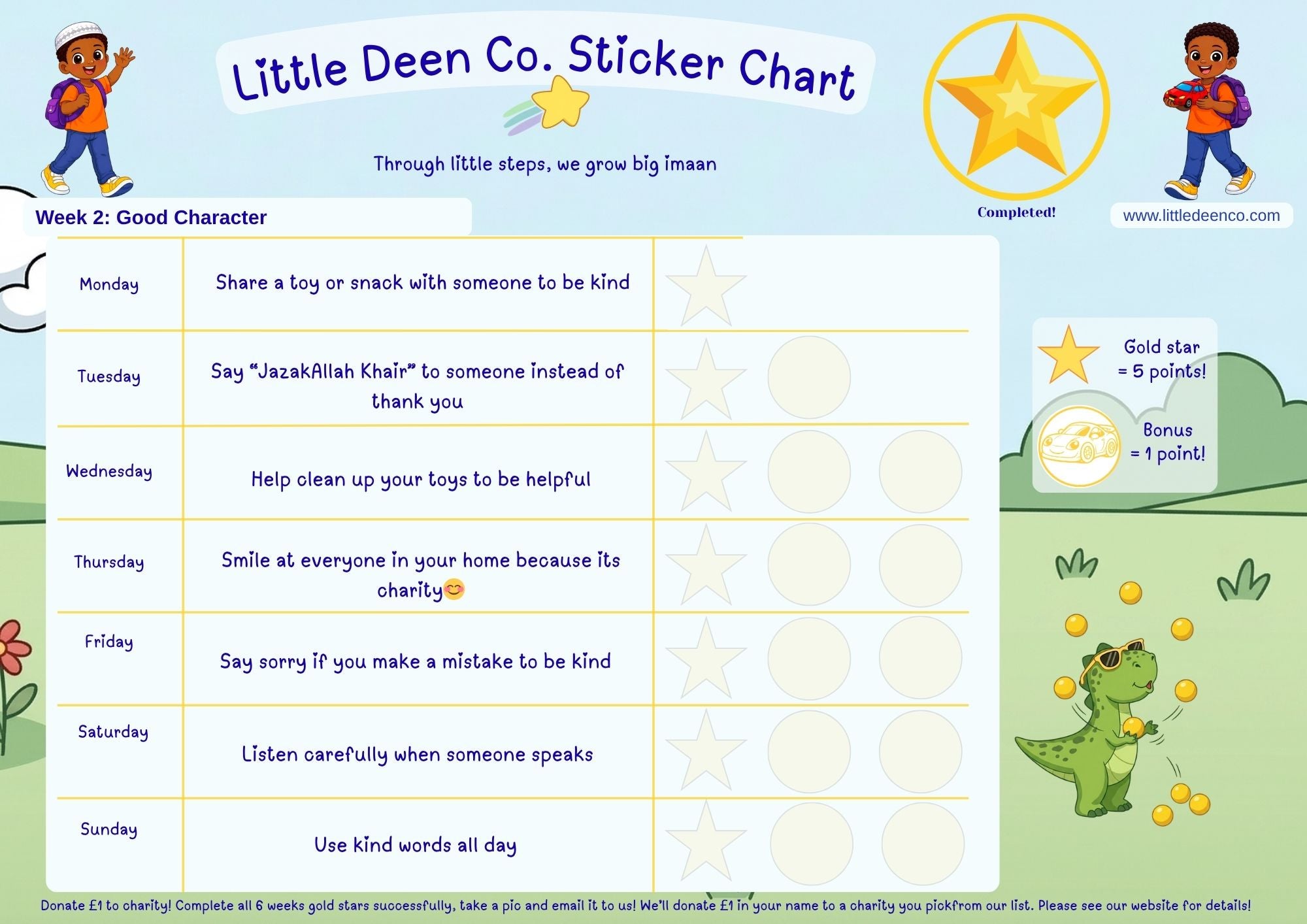 Sticker chart for children with character building activities and a dinosaur illustration.