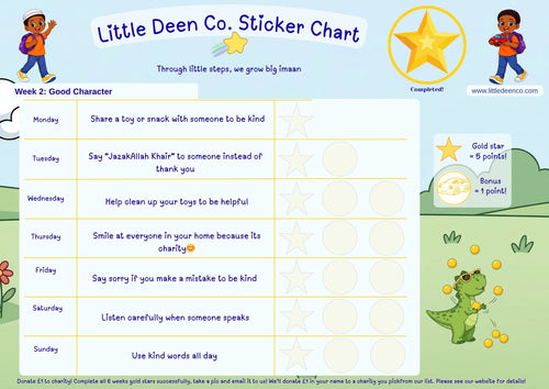 Sticker chart for children with character building activities and a dinosaur illustration.