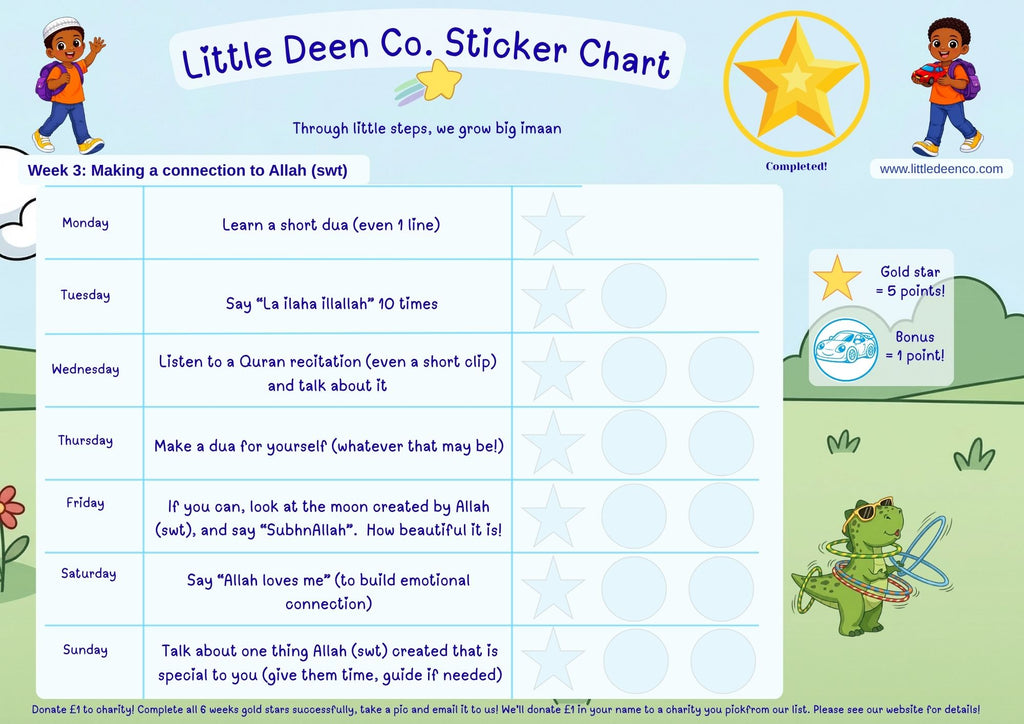 Sticker chart for children with a blue background, star rewards, and cartoon characters.