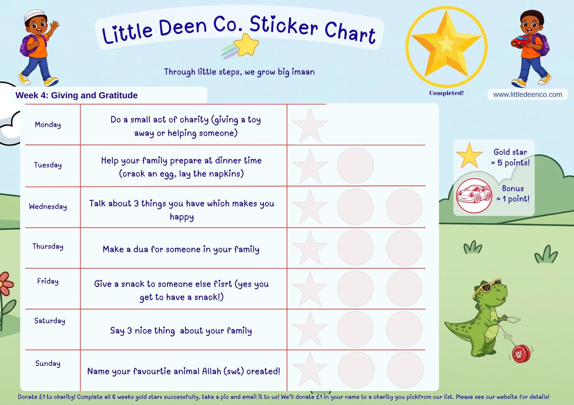 Sticker chart for children with activities and rewards, featuring a dinosaur illustration on a blue background.