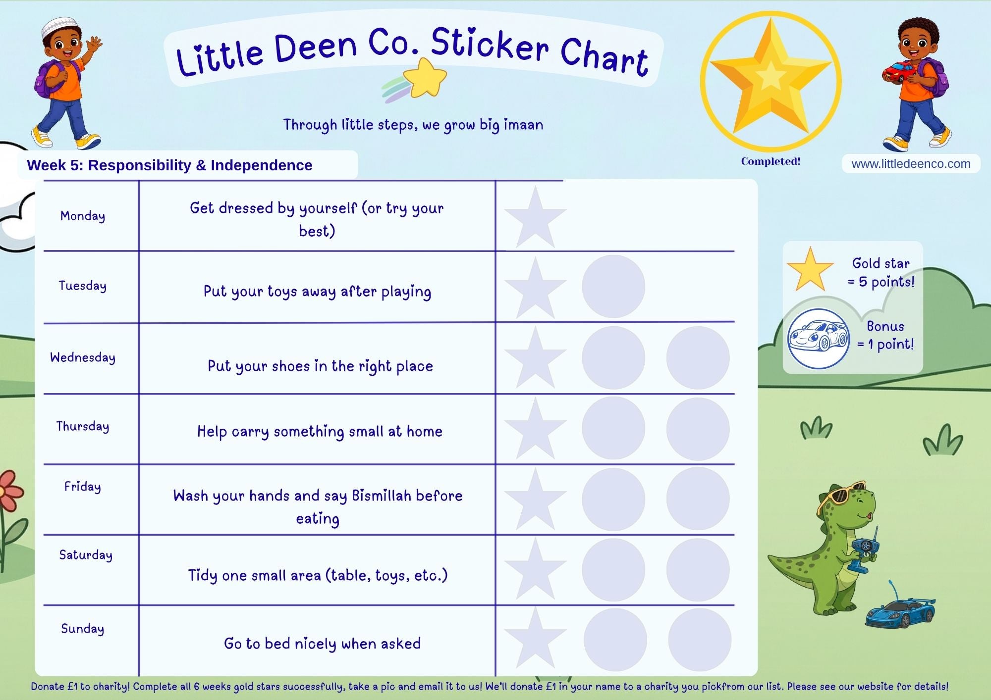 Sticker chart for children with a dinosaur illustration on a blue background