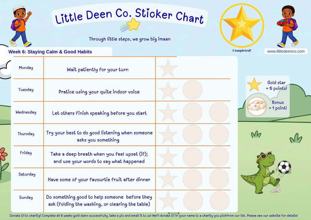 Sticker chart for children with a cartoon character and star rewards on a blue background