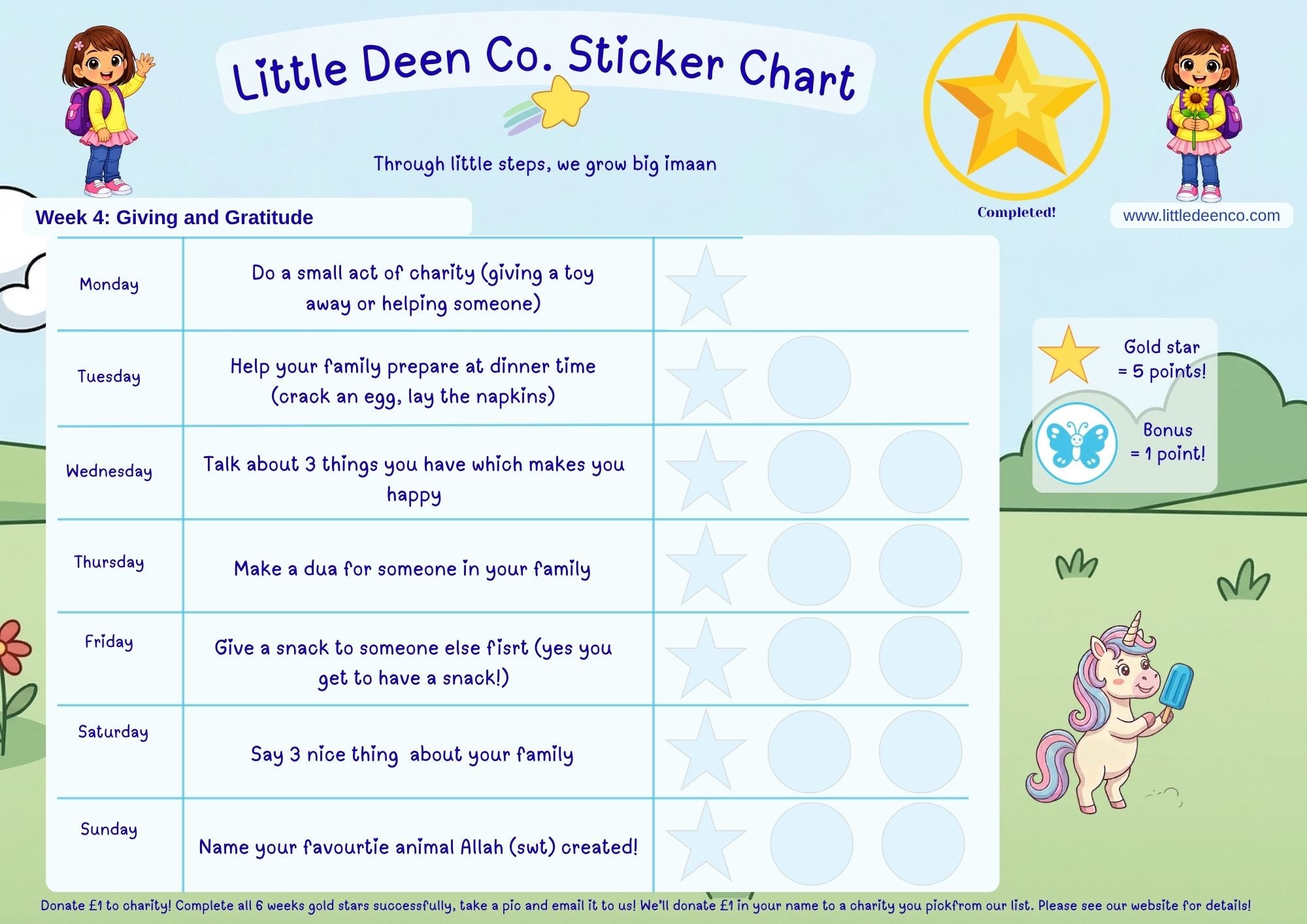 Children's sticker chart with activities and rewards, featuring a unicorn and a girl character.